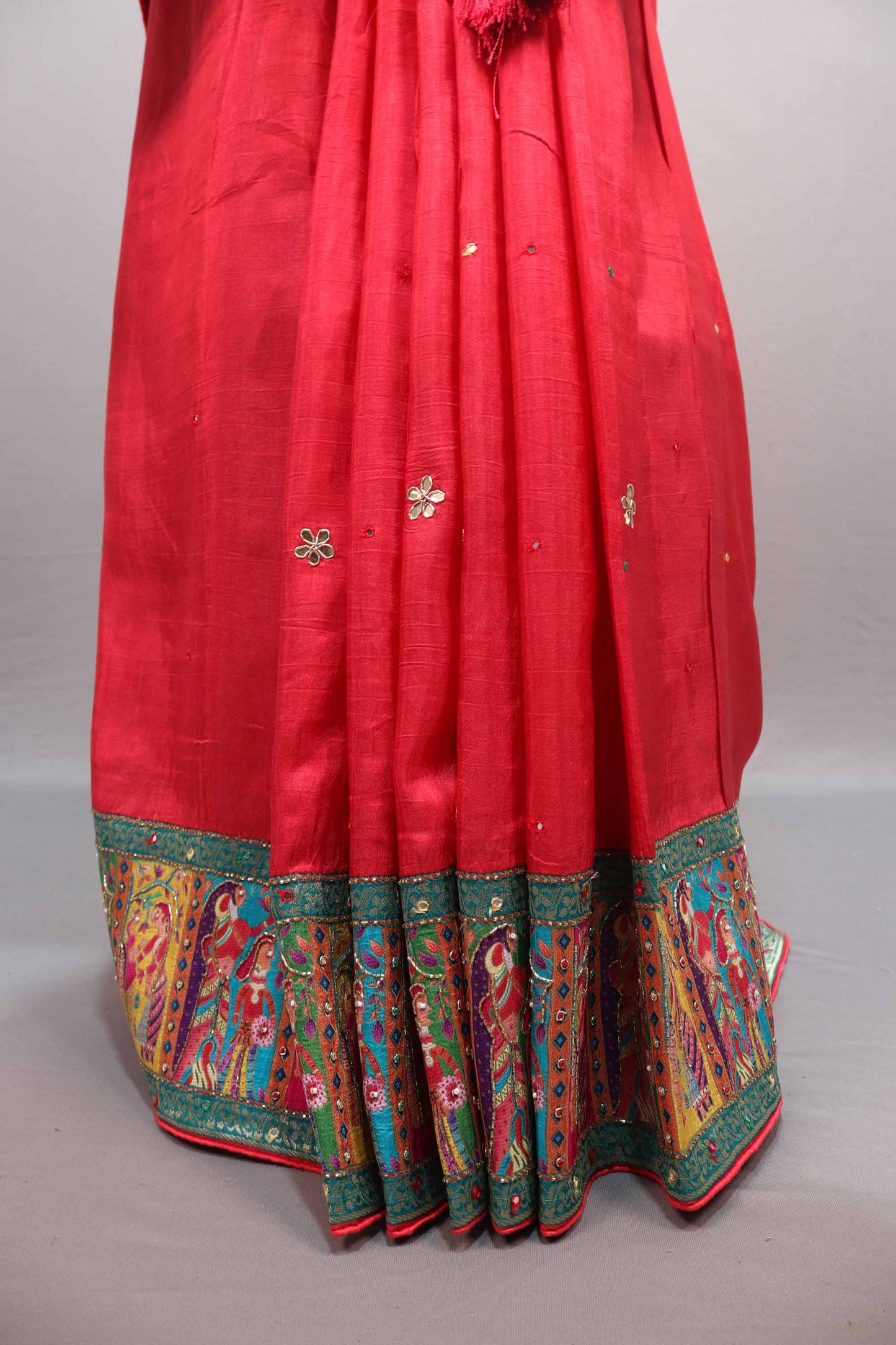Elegant Red Silk Saree with Traditional Multicolor Border Design