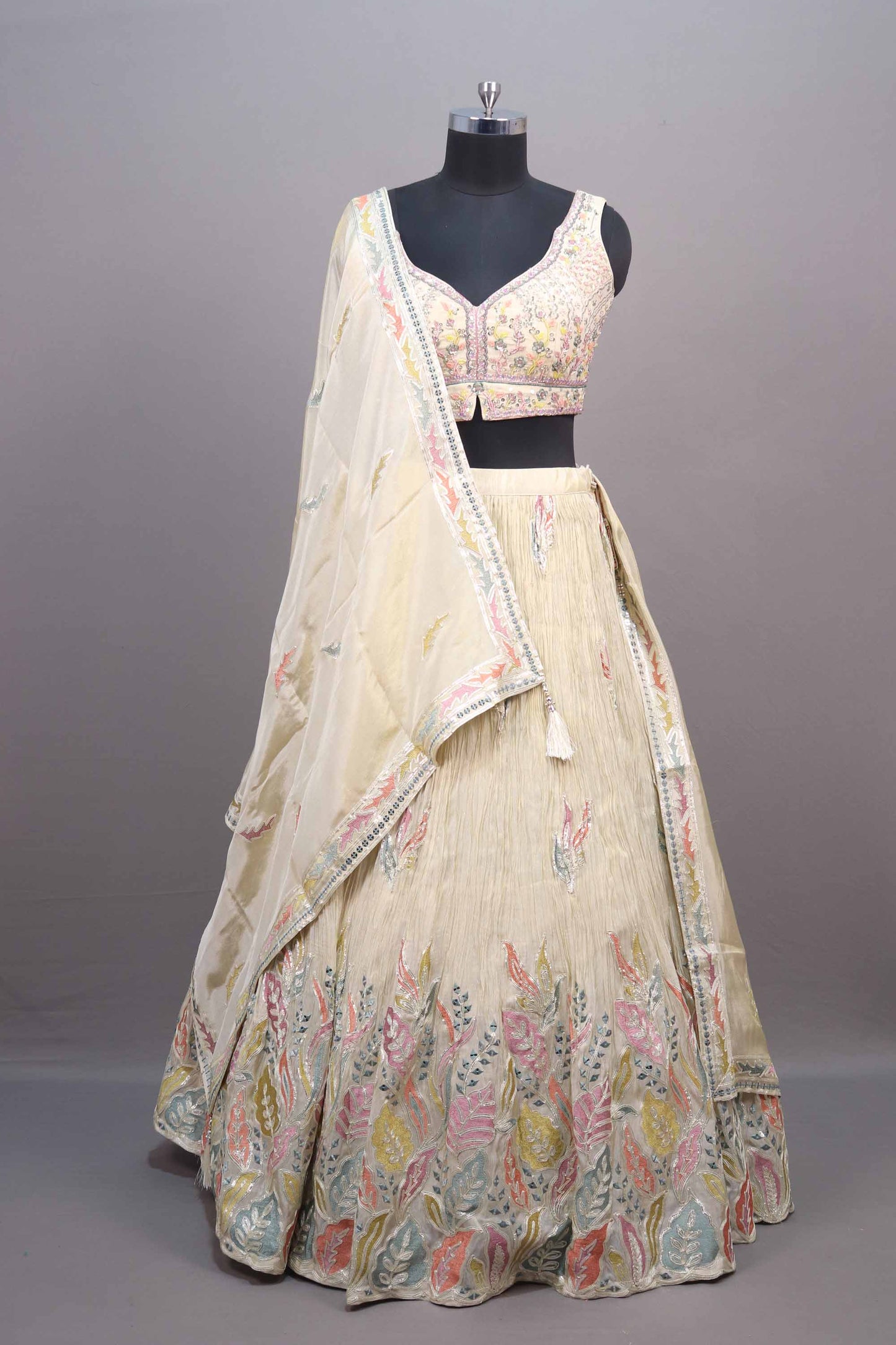 Off-White Embroidered Silk Lehenga Choli with Dupatta