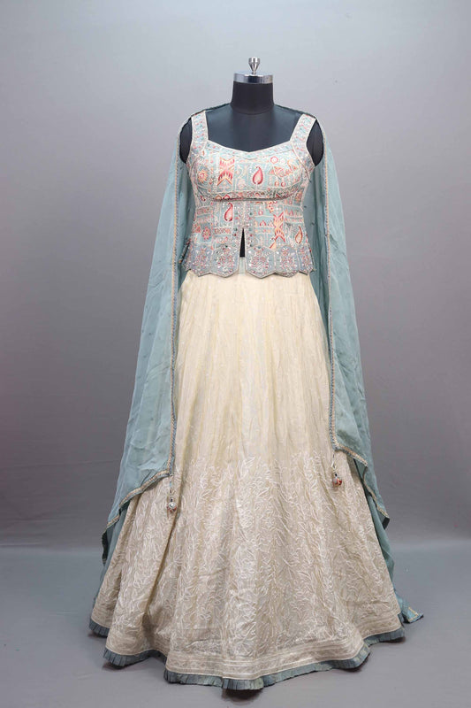 Pastel Blue Off-White Embroidered Lehenga Choli with Dupatta