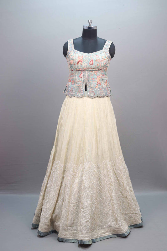 Pastel Blue Off-White Embroidered Lehenga Choli with Dupatta