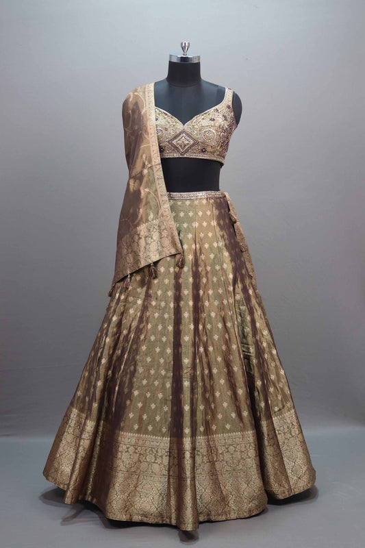 Olive Green Brown Banarasi Silk Lehenga Choli with Zari Work Dupatta