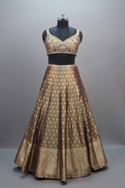 Olive Green Brown Banarasi Silk Lehenga Choli with Zari Work Dupatta
