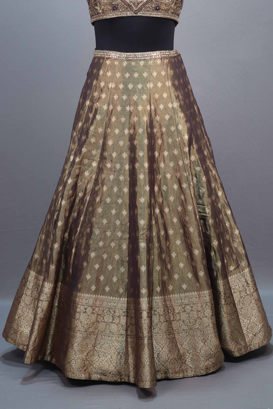Olive Green Brown Banarasi Silk Lehenga Choli with Zari Work Dupatta