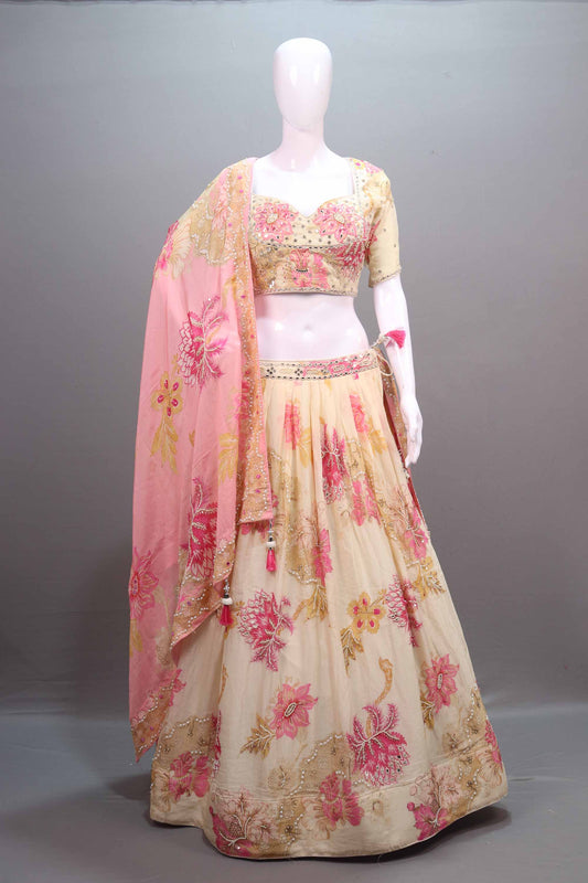 Peach Cream Floral Embroidered Lehenga Choli with Dupatta