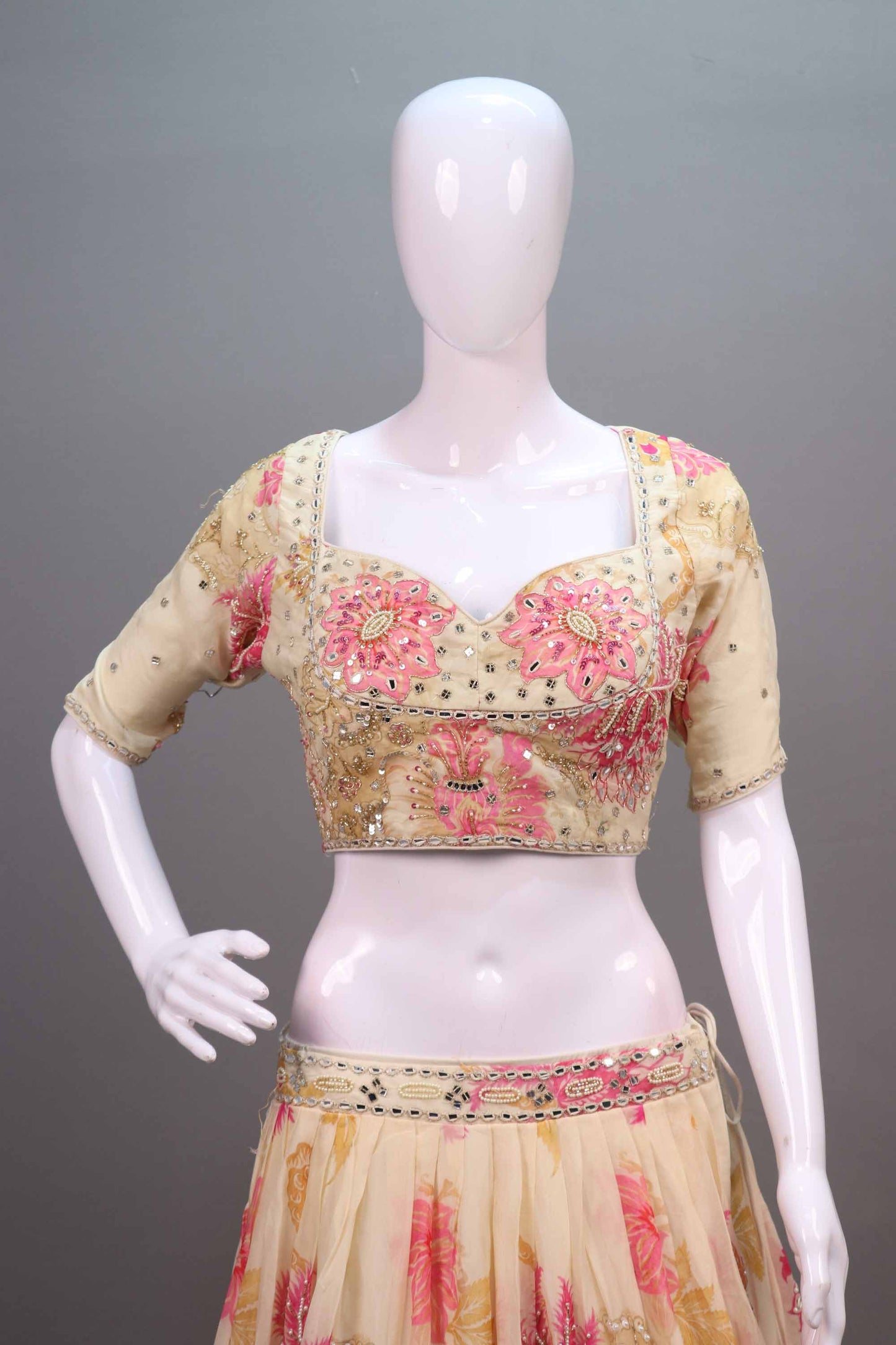 Peach Cream Floral Embroidered Lehenga Choli with Dupatta