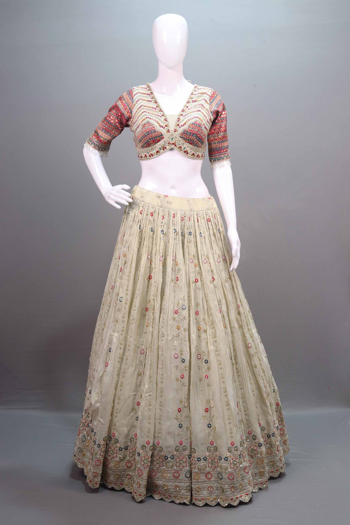 Off-White Embroidered Lehenga Choli with Multicolor Blouse Dupatta
