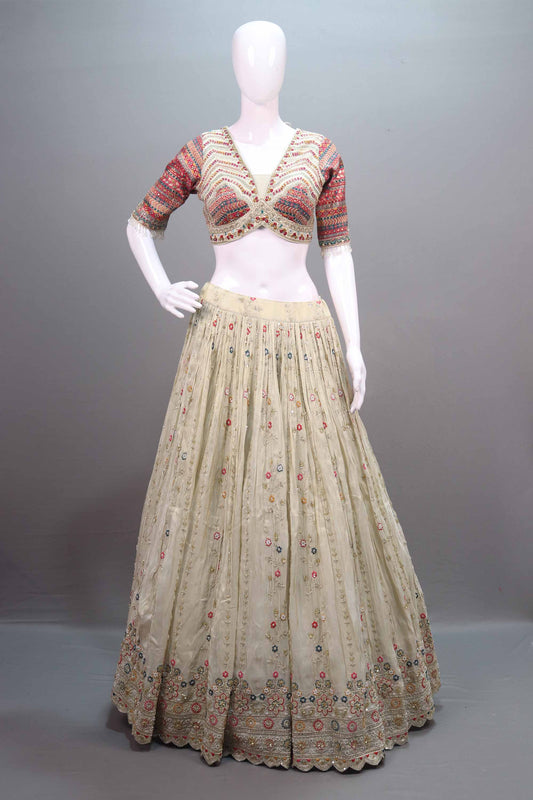 Off-White Embroidered Lehenga Choli with Multicolor Blouse Dupatta