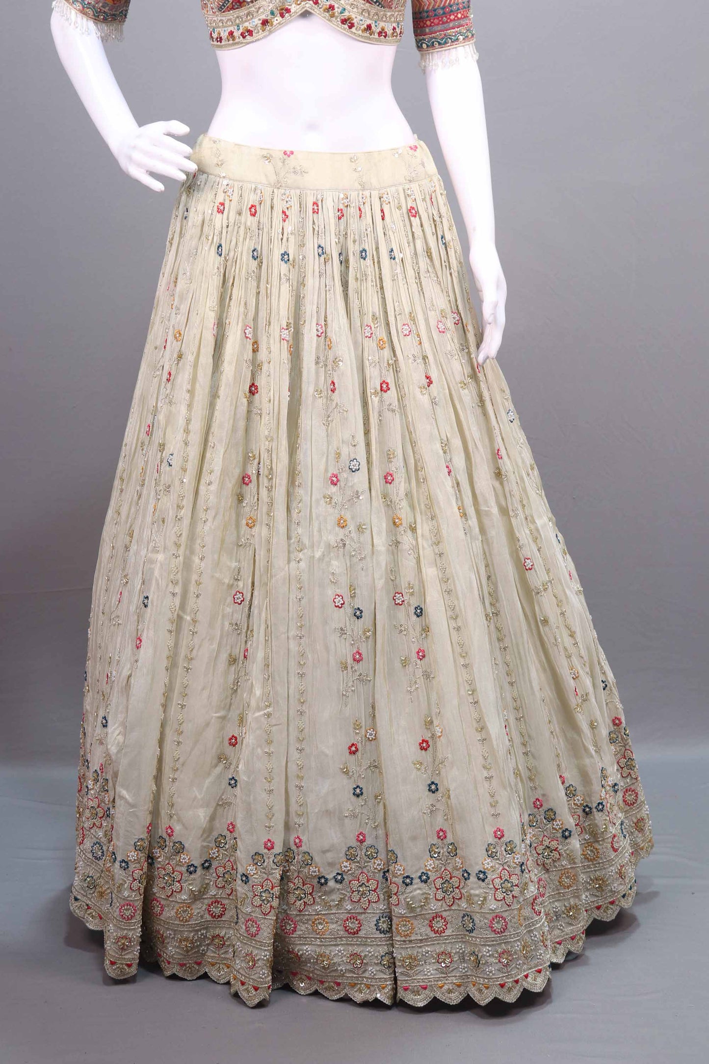 Off-White Embroidered Lehenga Choli with Multicolor Blouse Dupatta
