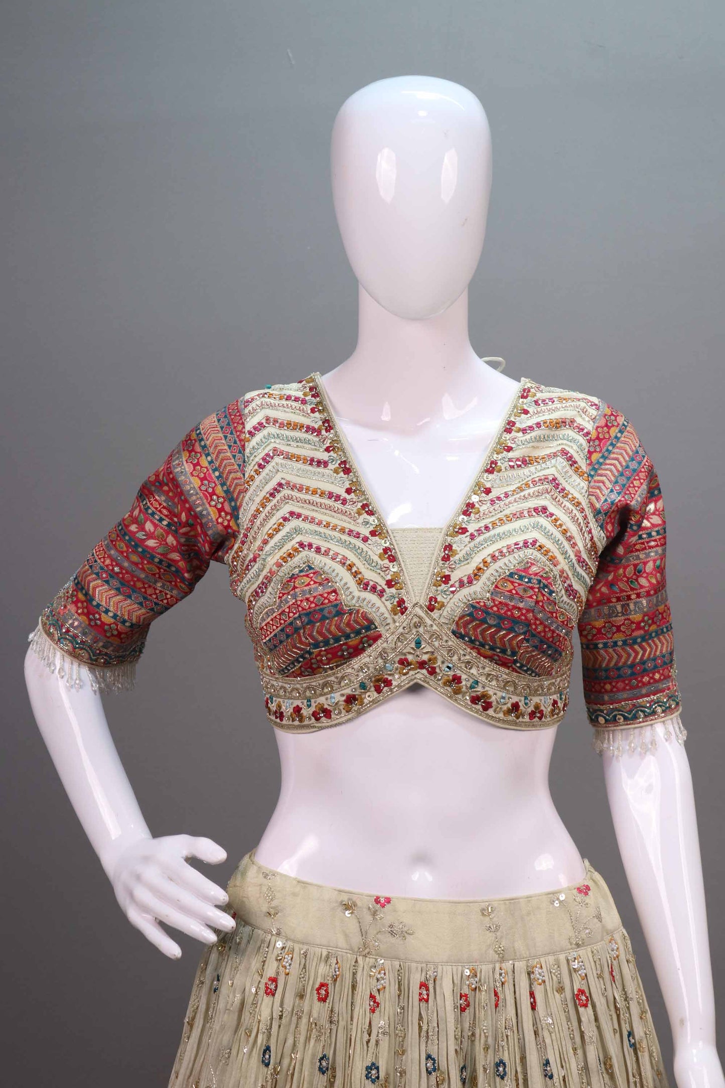 Off-White Embroidered Lehenga Choli with Multicolor Blouse Dupatta
