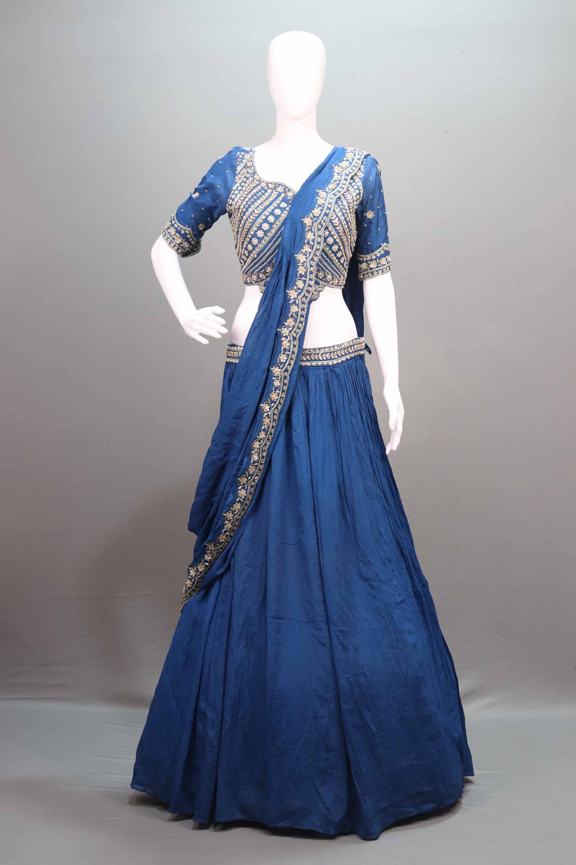 Navy Blue Silk Lehenga Choli Heavy Gold Embroidered Blouse Dupatta