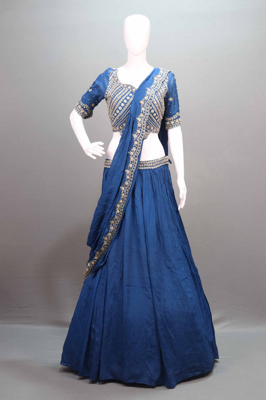 Navy Blue Silk Lehenga Choli Heavy Gold Embroidered Blouse Dupatta