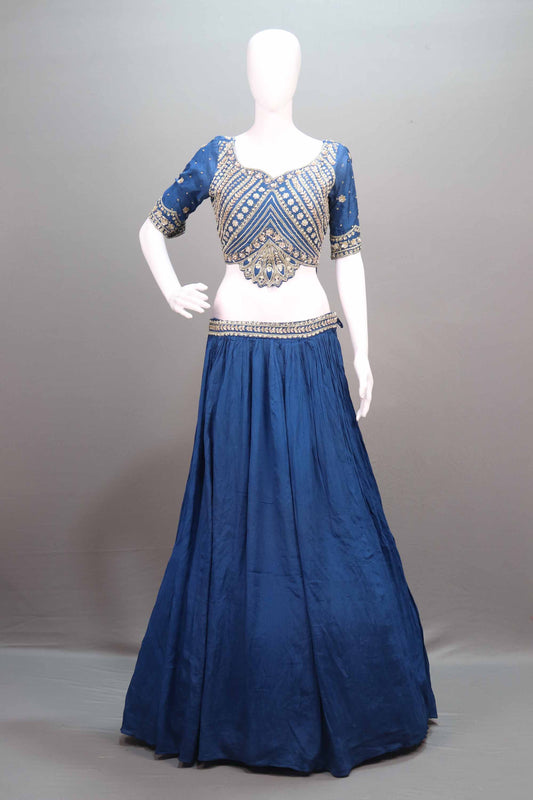 Navy Blue Silk Lehenga Choli Heavy Gold Embroidered Blouse Dupatta