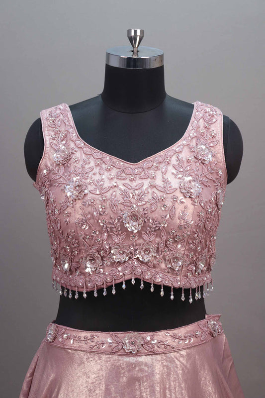 Pink Shimmer Silk Lehenga Choli with Embroidered Blouse Dupatta