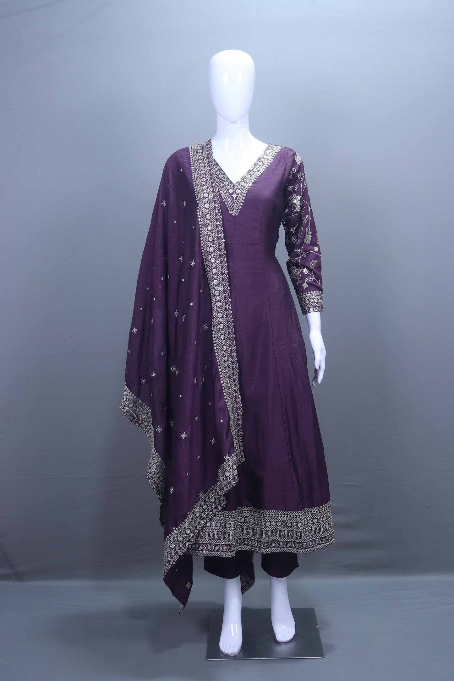 Elegant Purple Silk Anarkali Suit Dupatta Traditional Party Wear