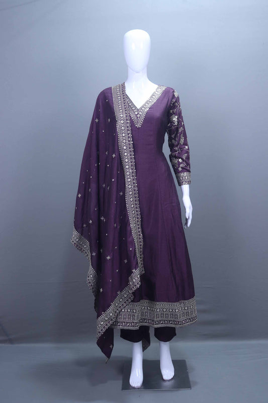 Elegant Purple Silk Anarkali Suit Dupatta Traditional Party Wear