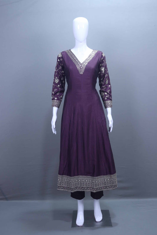 Elegant Purple Silk Anarkali Suit Dupatta Traditional Party Wear