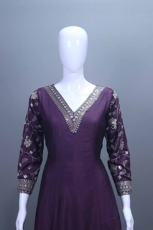 Elegant Purple Silk Anarkali Suit Dupatta Traditional Party Wear