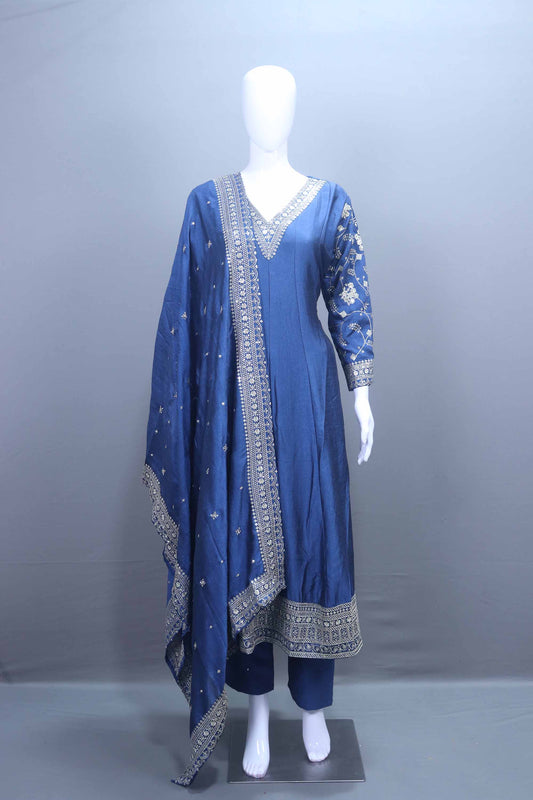 Elegant Blue Silk Anarkali Suit Dupatta Designer Party Wear