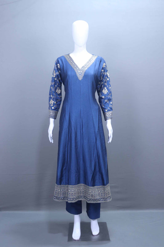 Elegant Blue Silk Anarkali Suit Dupatta Designer Party Wear