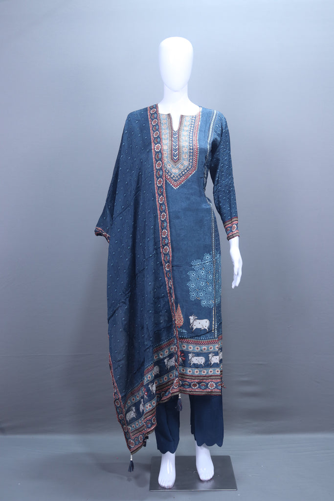 Stylish Blue Suit Set  Neckline Dupatta Casual Occasions