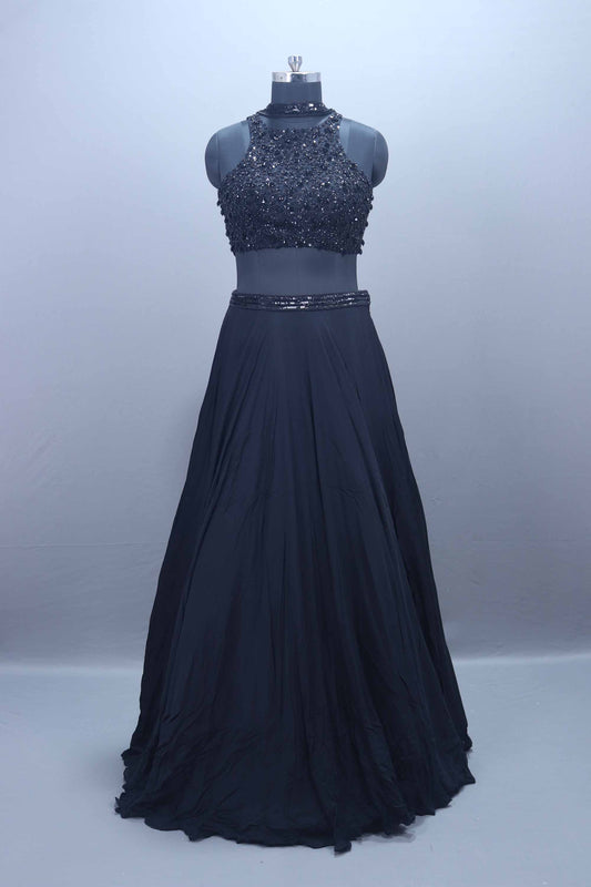 Designer Black Crop Top Skirt Set Stylish Party Wear