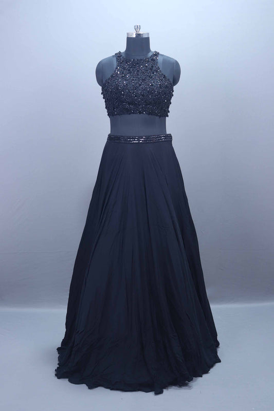 Designer Black Crop Top Skirt Set Stylish Party Wear