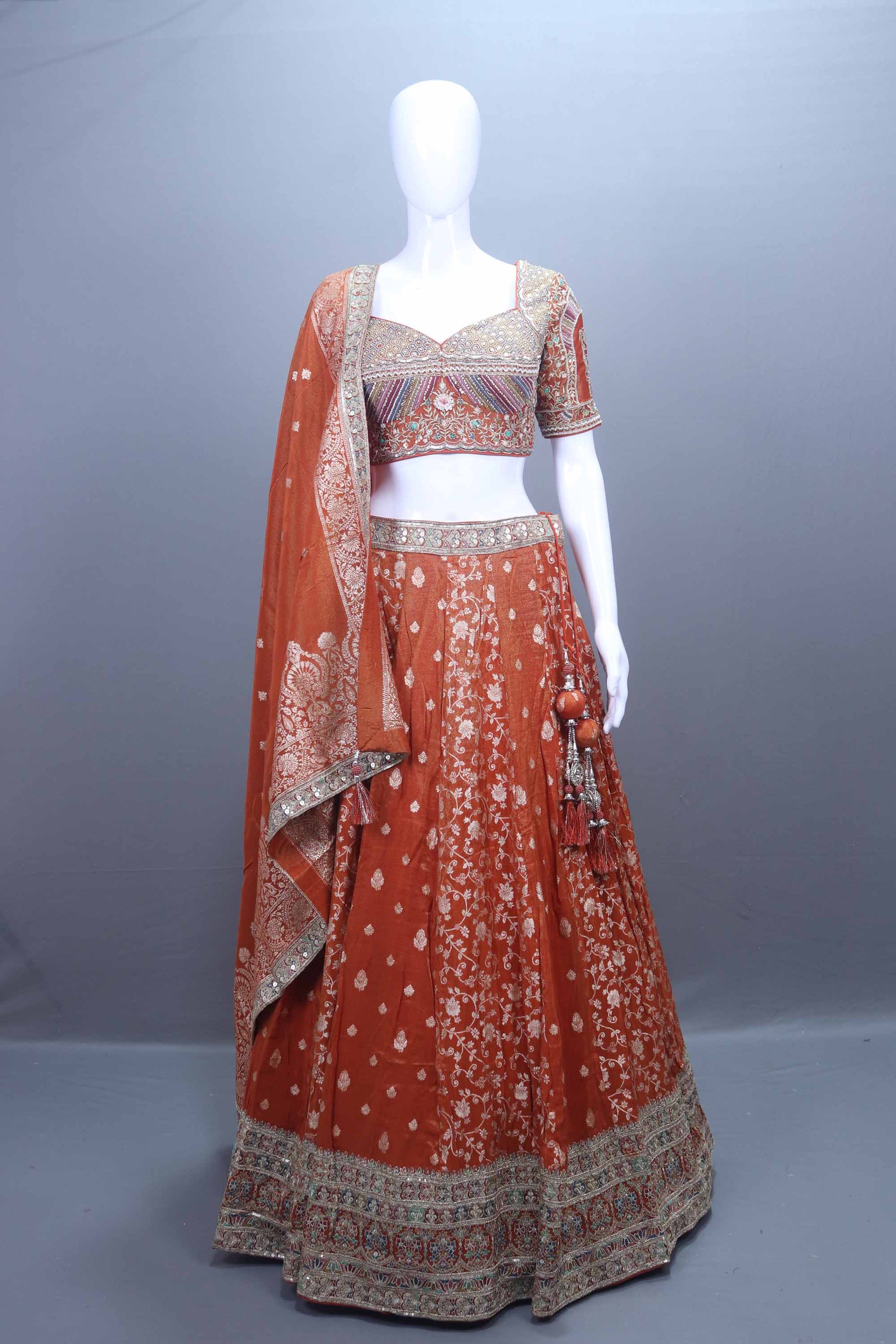Rust Orange Silk Bridal Lehenga Choli  Dupatta