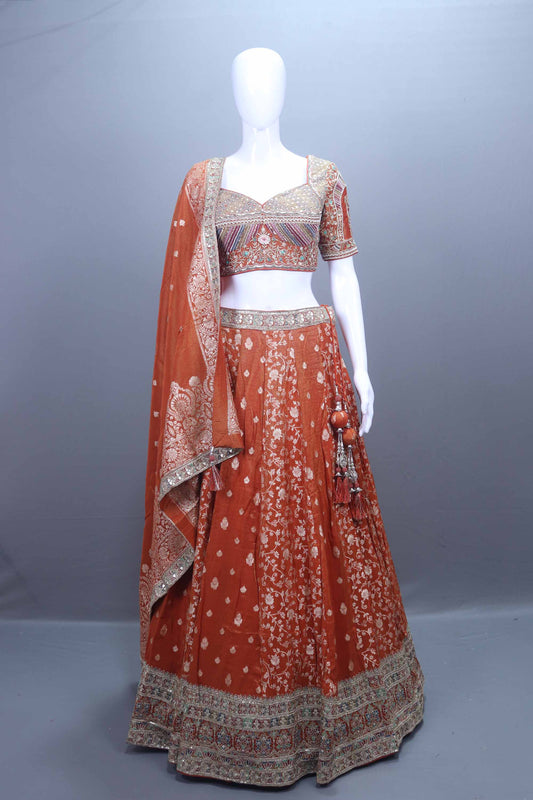 Rust Orange Silk Bridal Lehenga Choli  Dupatta