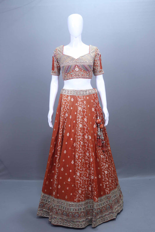 Rust Orange Silk Bridal Lehenga Choli  Dupatta