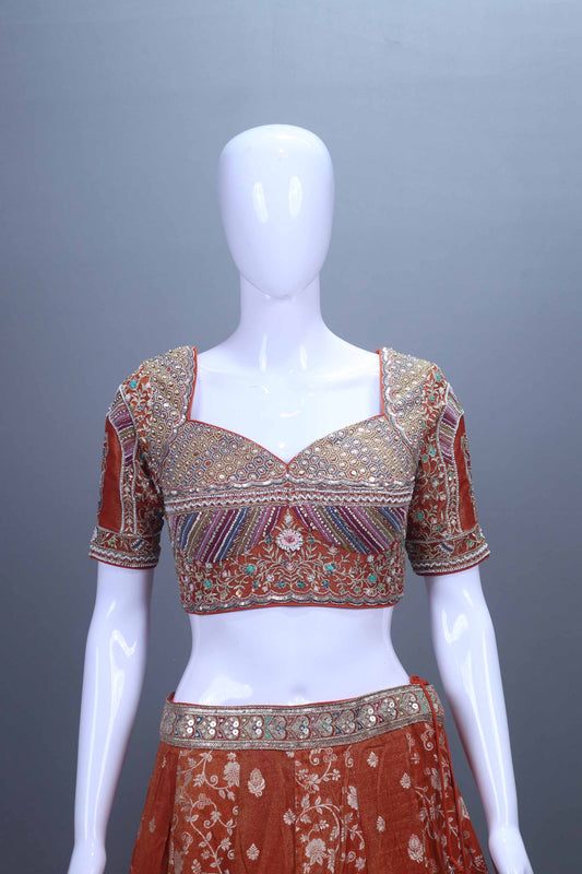 Rust Orange Silk Bridal Lehenga Choli  Dupatta