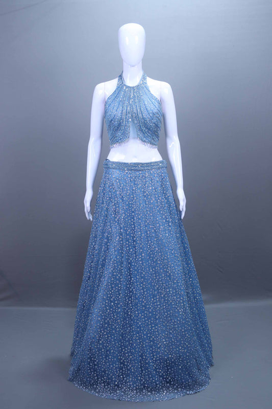 Designer Sky Blue Crop Top Lehenga Choli Reception Party Wear