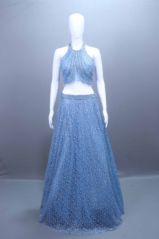 Designer Sky Blue Crop Top Lehenga Choli Reception Party Wear