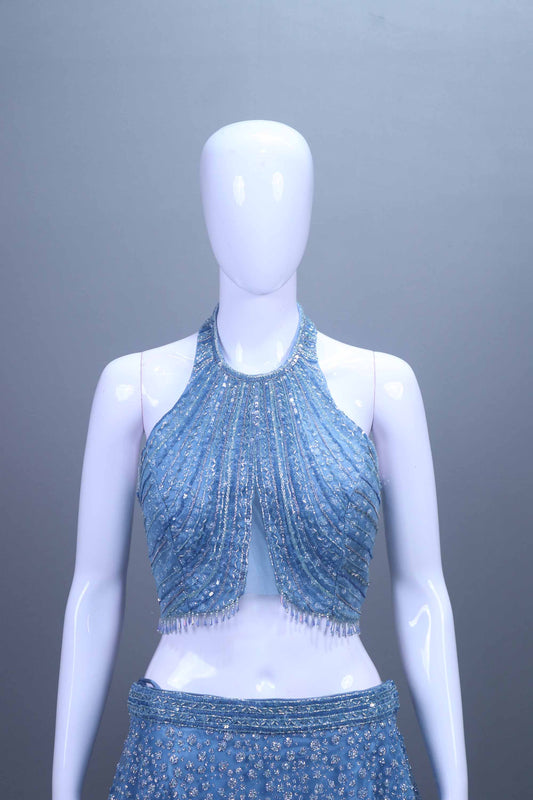 Designer Sky Blue Crop Top Lehenga Choli Reception Party Wear
