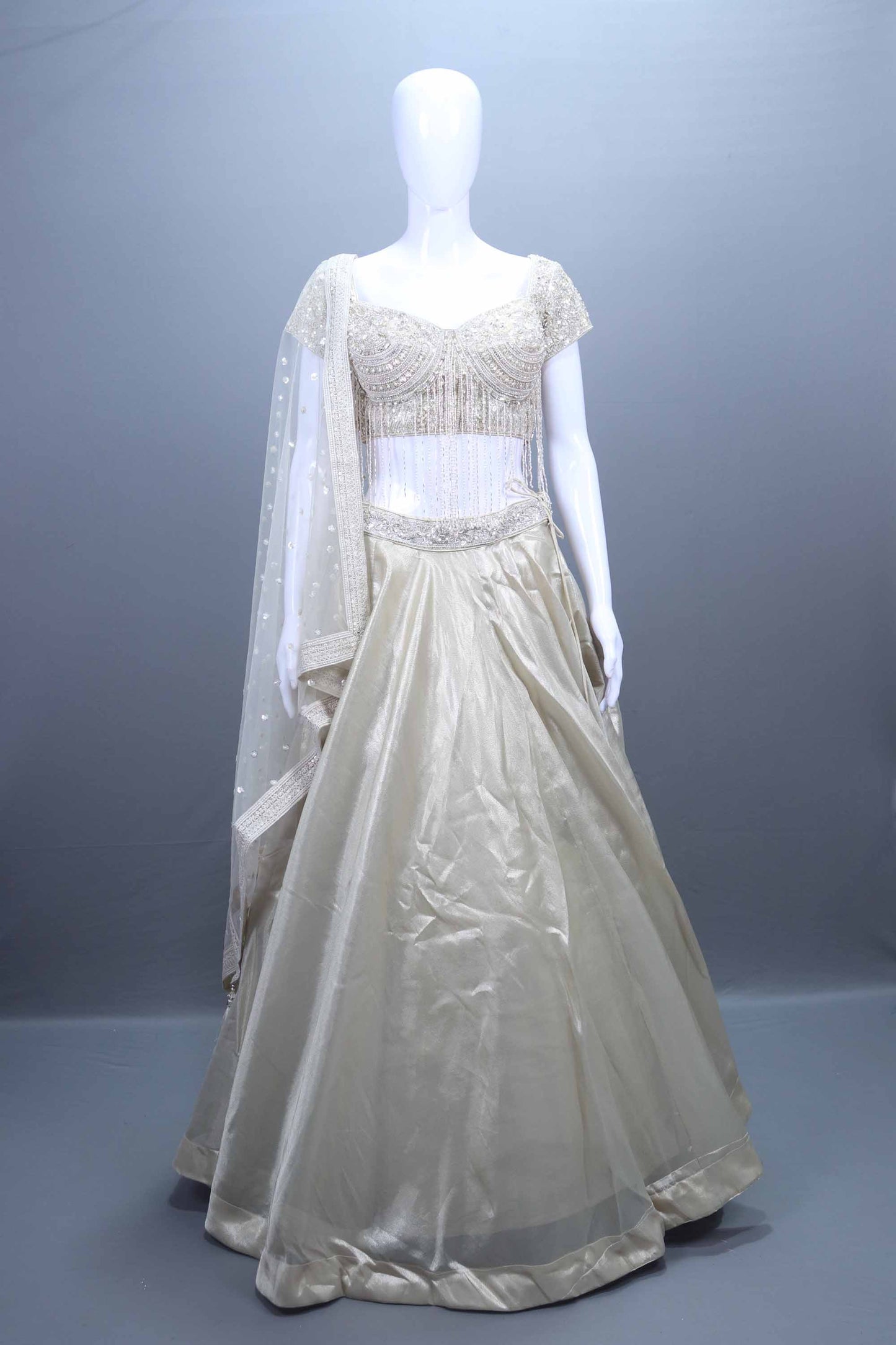 Elegant Ivory Satin Silk Lehenga Choli  Net Dupatta