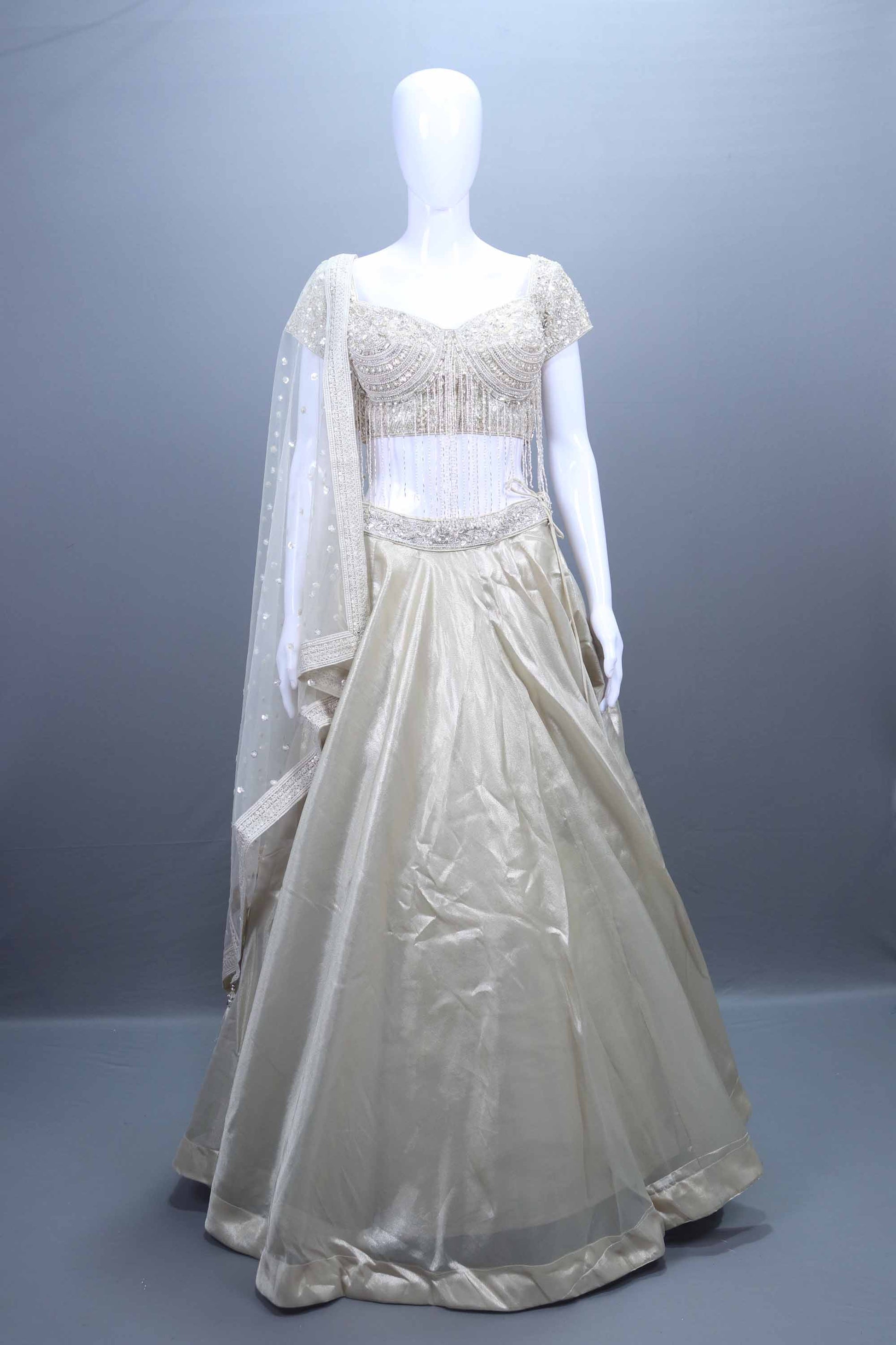 Elegant Ivory Satin Silk Lehenga Choli  Net Dupatta
