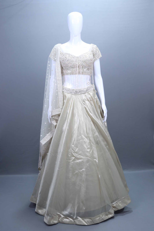 Elegant Ivory Satin Silk Lehenga Choli  Net Dupatta