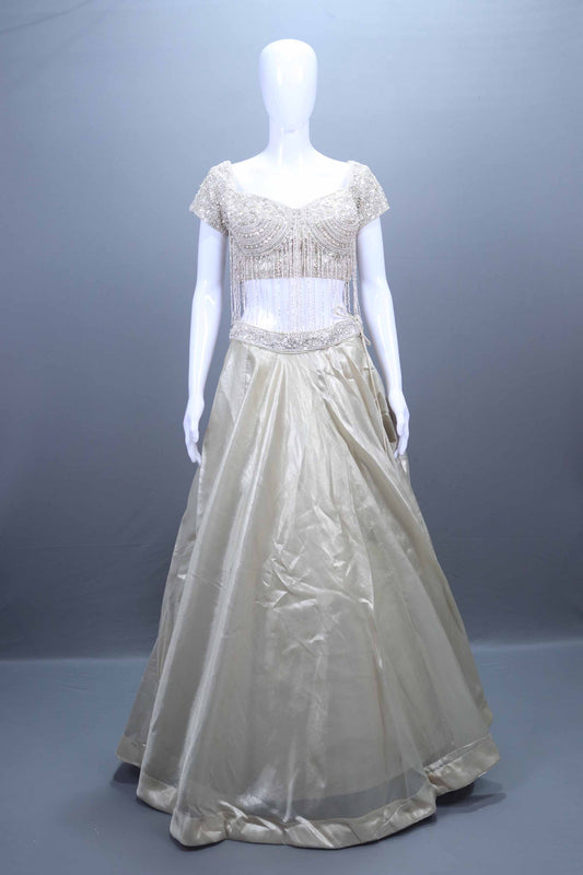 Elegant Ivory Satin Silk Lehenga Choli  Net Dupatta
