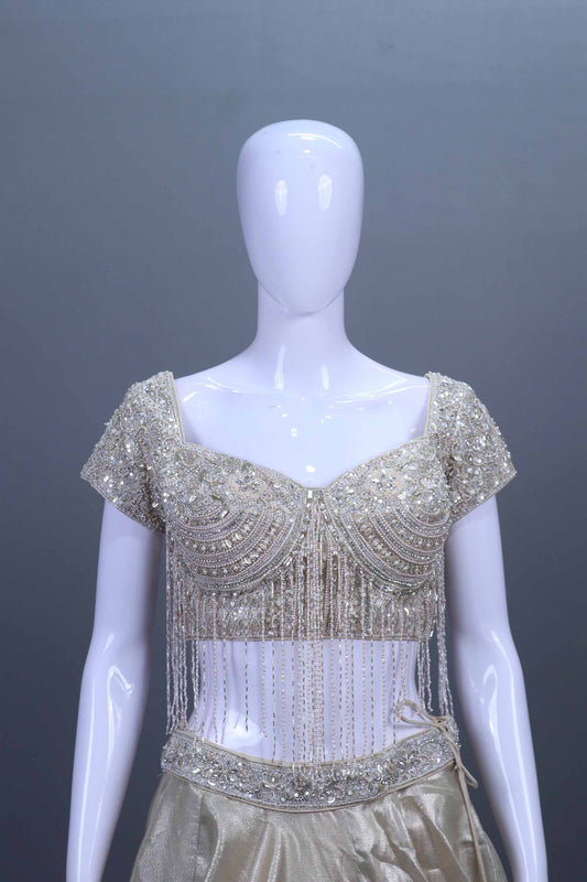 Elegant Ivory Satin Silk Lehenga Choli  Net Dupatta