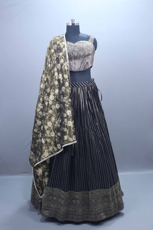 Black Gold Brocade Lehenga Set Blouse Dupatta Festive Wear