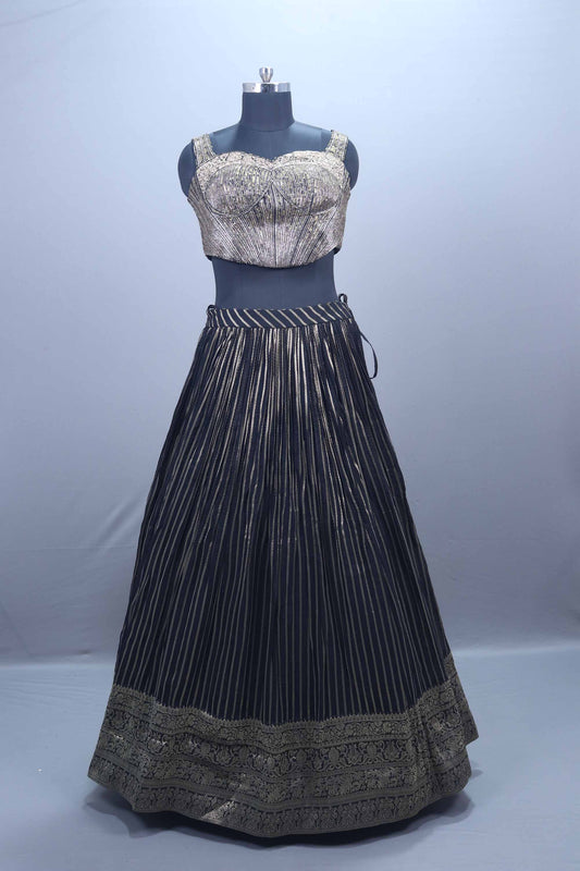 Black Gold Brocade Lehenga Set Blouse Dupatta Festive Wear