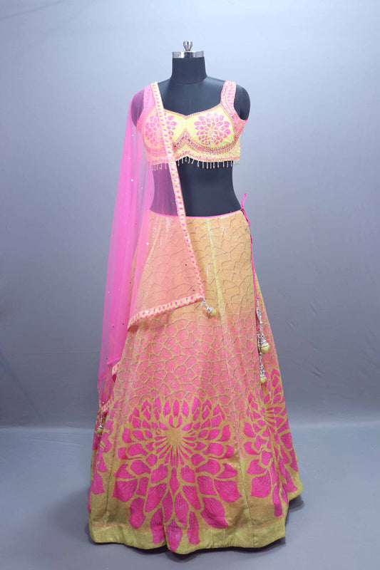 Pink Gold Brocade Lehenga Set Blouse Net Dupatta Festive Wear