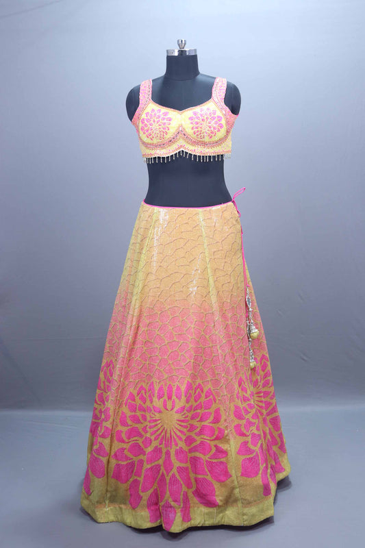 Pink Gold Brocade Lehenga Set Blouse Net Dupatta Festive Wear