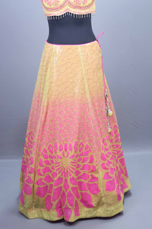 Pink Gold Brocade Lehenga Set Blouse Net Dupatta Festive Wear