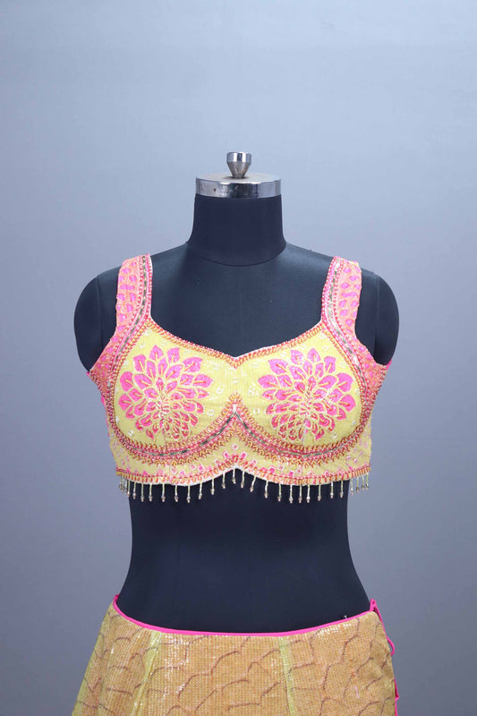 Pink Gold Brocade Lehenga Set Blouse Net Dupatta Festive Wear
