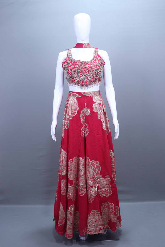 Designer Red Embroidered Crop Top and Palazzo Set 