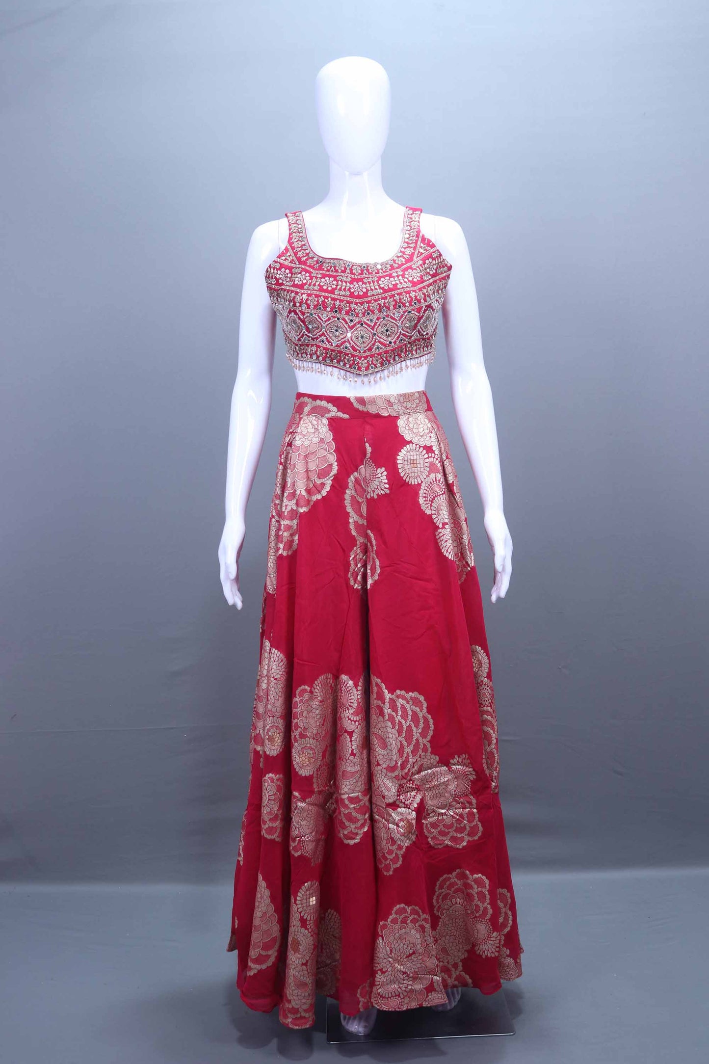 Designer Red Embroidered Crop Top and Palazzo Set