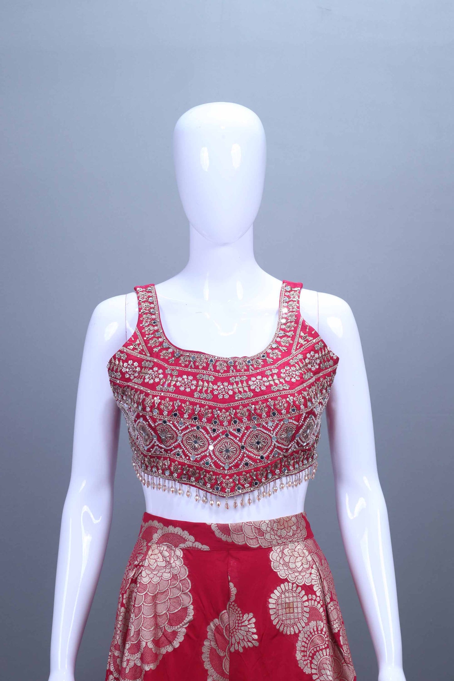 Designer Red Embroidered Crop Top and Palazzo Set