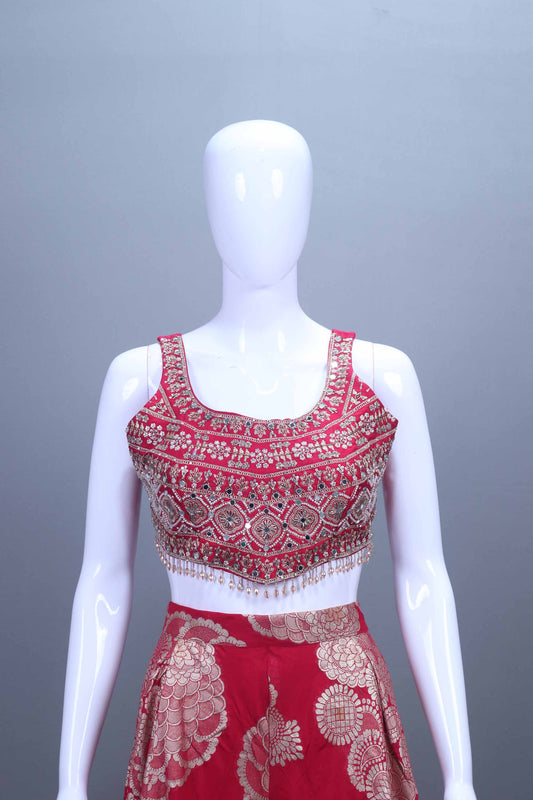 Designer Red Embroidered Crop Top and Palazzo Set