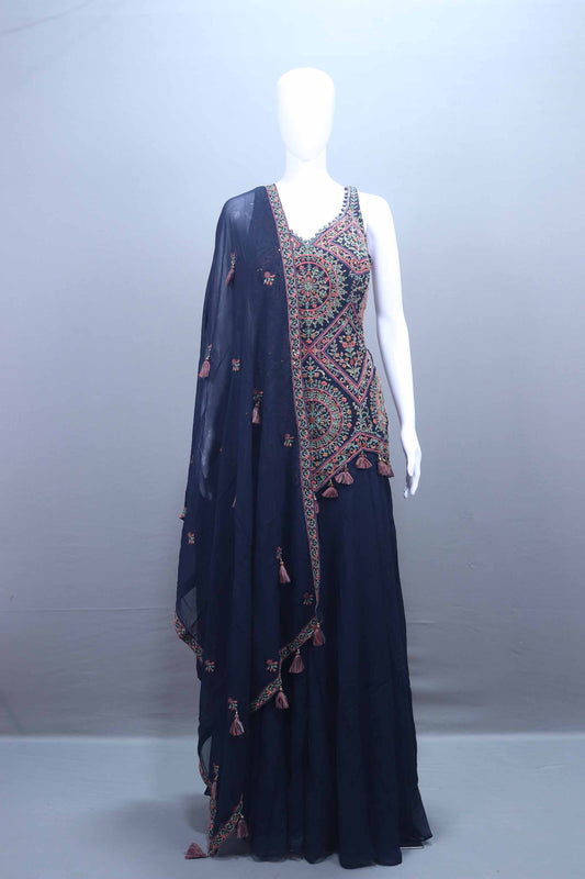 Navy Blue Georgette Embroidered Sharara Set with Dupatta 