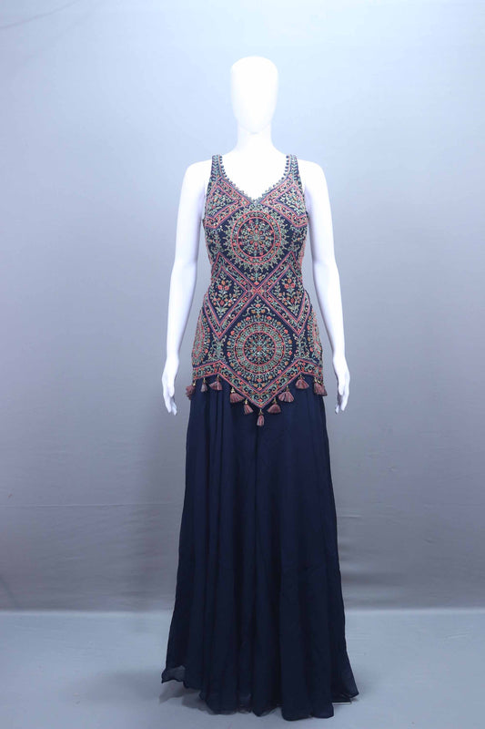 Navy Blue Georgette Embroidered Sharara Set with Dupatta